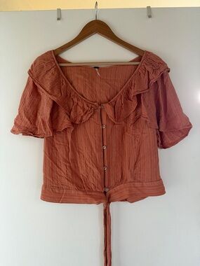 Free People Top Womens Extra Large Orange Striped Ruffle Tie Front Boho Beach